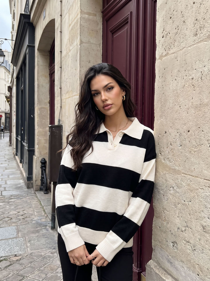 Oversized Striped Polo Collar Sweater