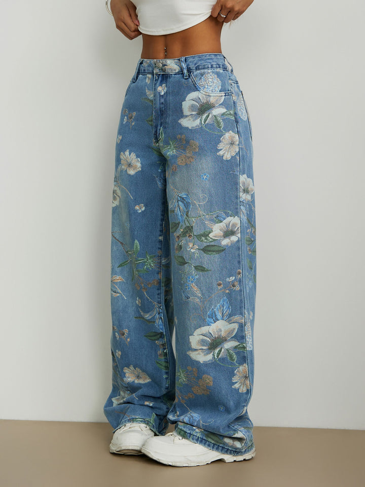 Floral Print Wide Leg Jeans