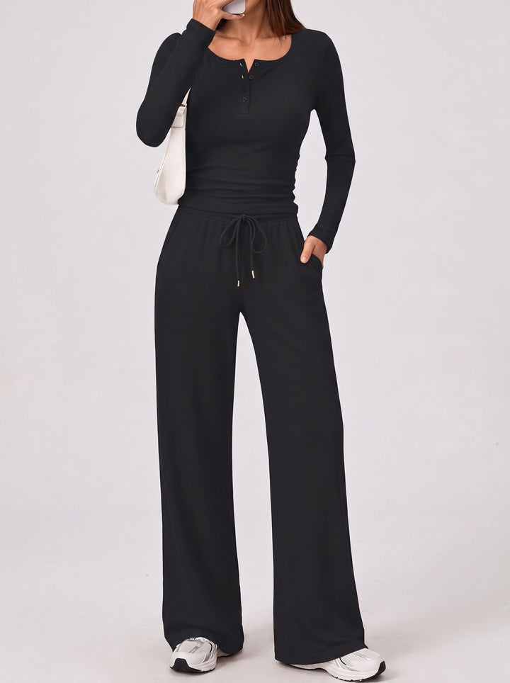 Cozy Button Henley Wide Leg Set