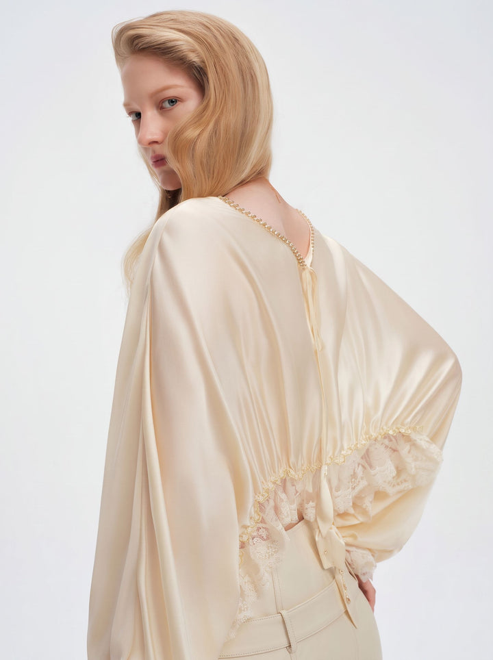Lace Trim Cropped Satin Blouse
