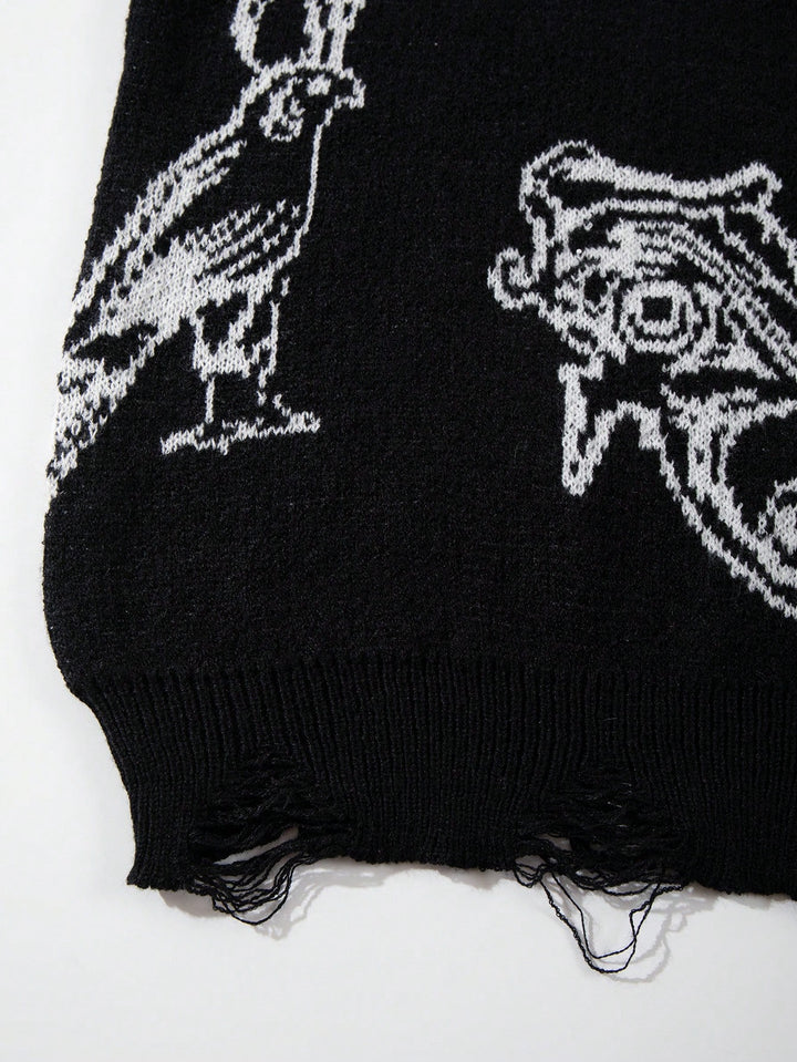 Oversized Graphic Distressed Knit Sweater