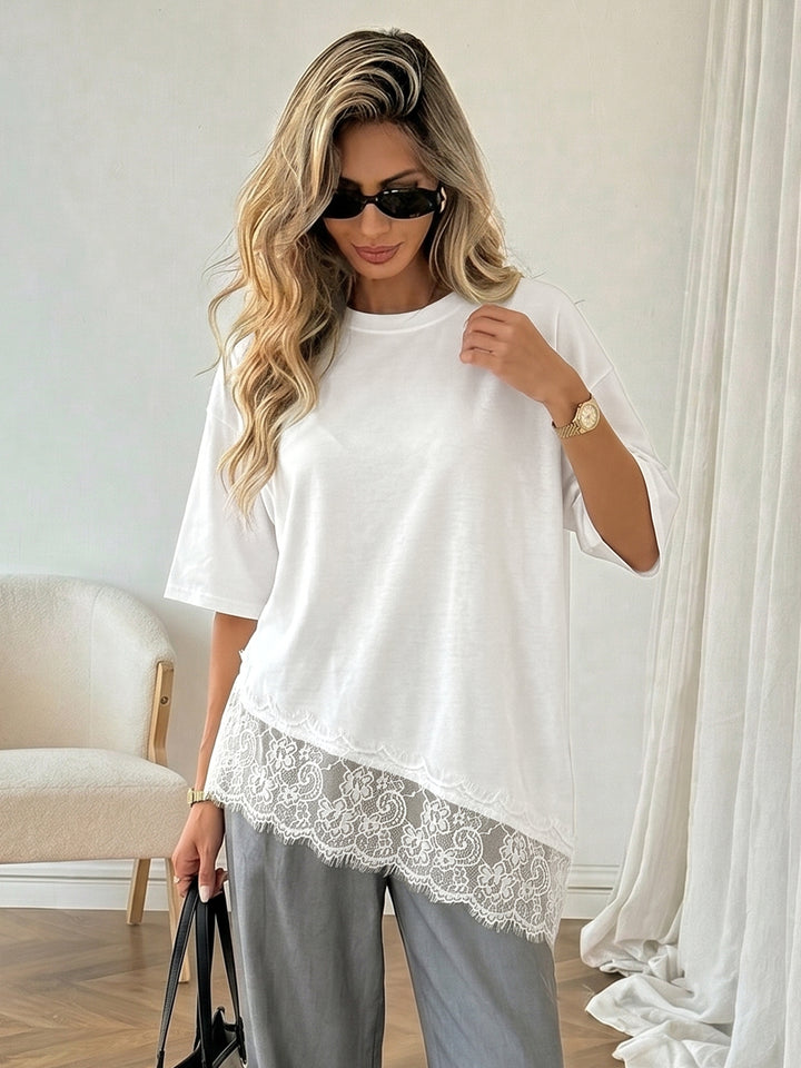 Asymmetric Lace Trim Casual T-Shirt