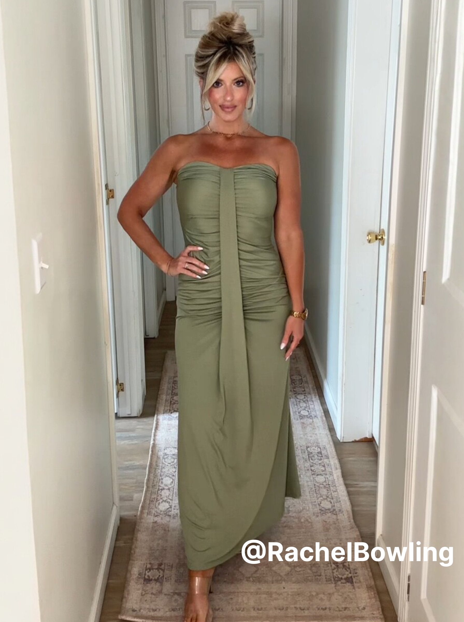 Strapless Ruched Detail Elegant Maxi Dress Green / M
