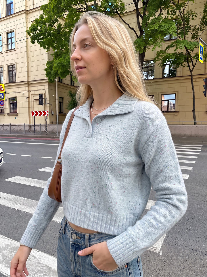 Cozy Speckled Collar Crop Sweater