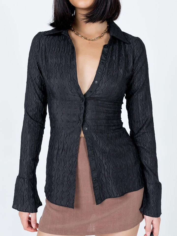 Textured Fitted Flare Sleeve Button Shirt