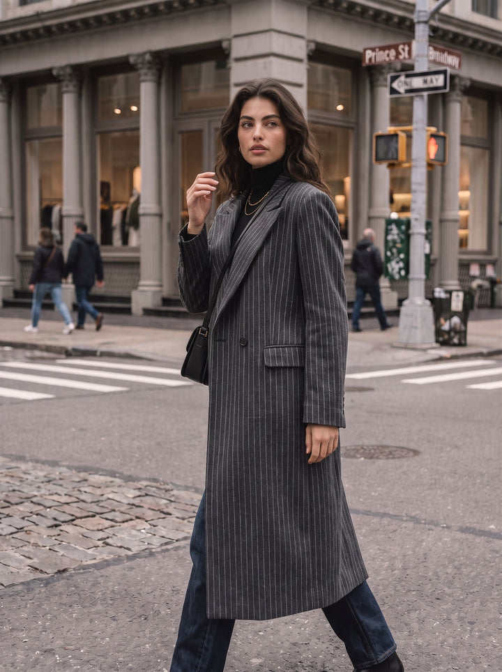 Double Breasted Striped Wool Coat