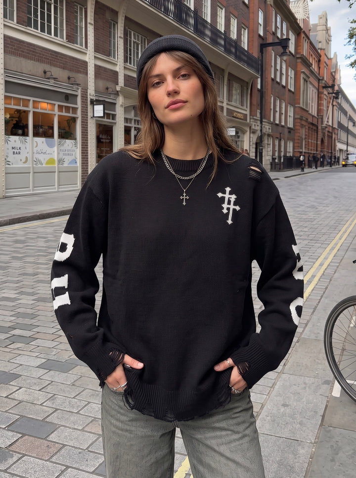 Distressed Grunge Graphic Oversized Sweater