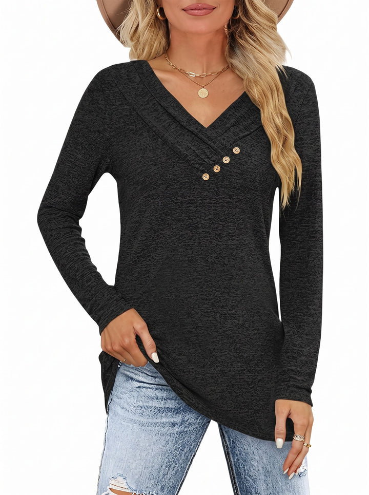 Button V Neck Soft Long Sleeve Tee