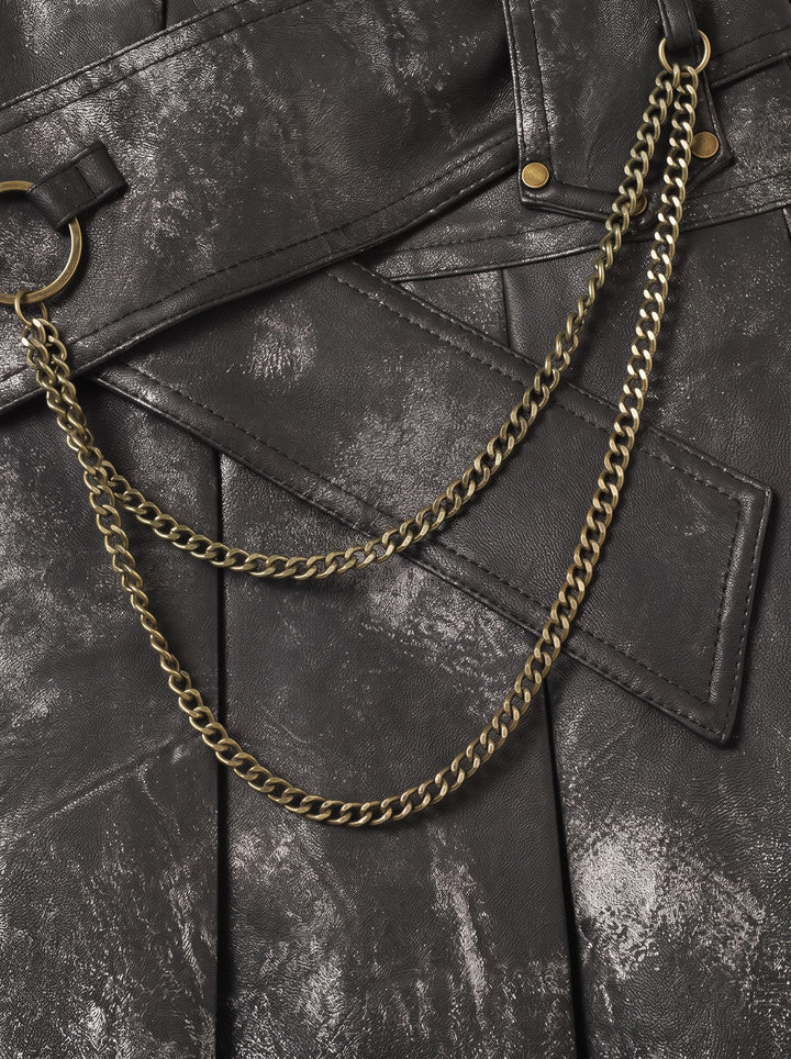Distressed Faux Leather Pleated Mini Skirt