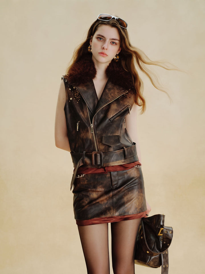 Distressed Faux Leather Mini Skirt