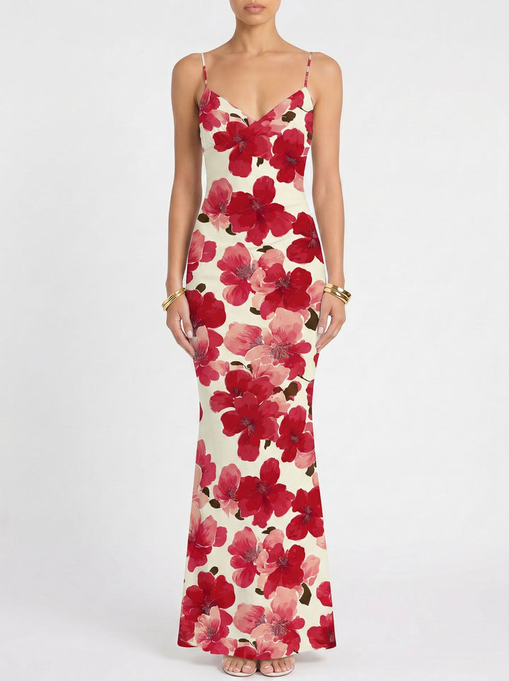 KIRA Red Hibiscus Print Spaghetti Strap Bodycon Maxi Dress