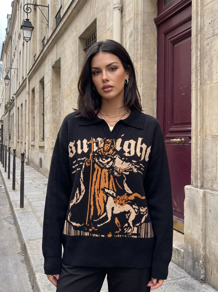 Oversized Graphic Polo Knit Sweater