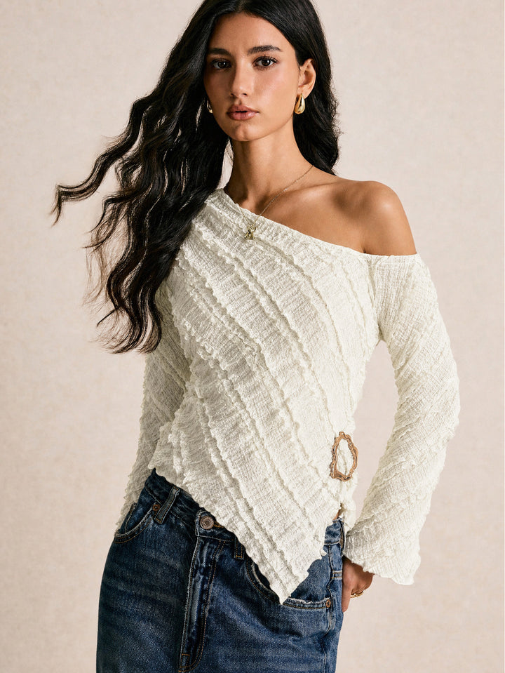 Textured One Shoulder Long Sleeve Top