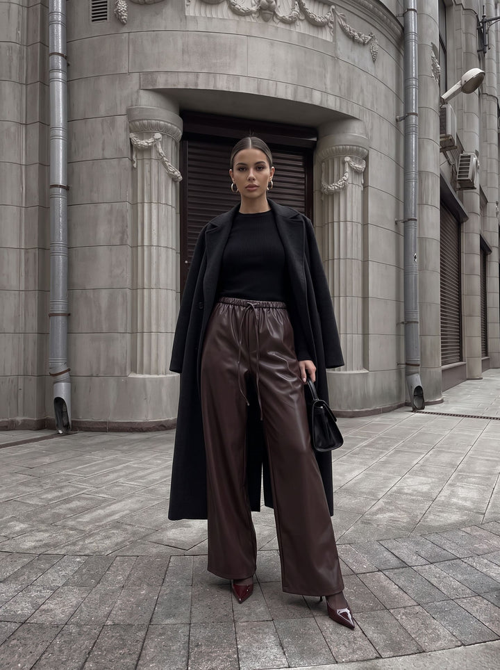 High Waisted Faux Leather Wide Pants