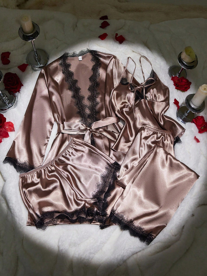 Lace Trim Satin Pajama Set