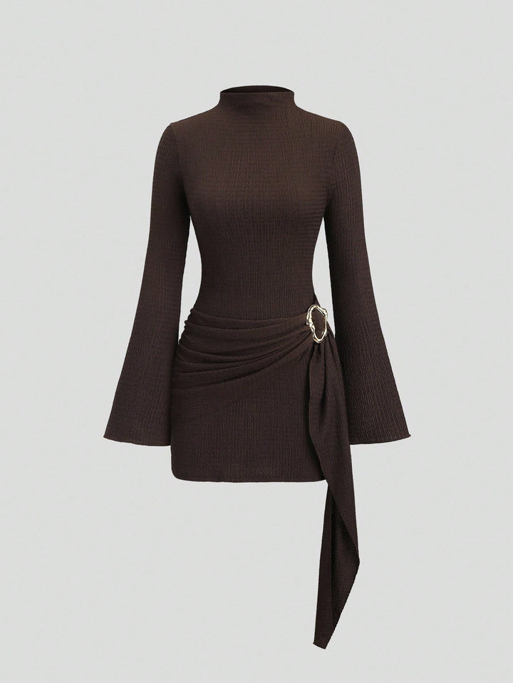 Textured Ruched Buckle Detail Mini Dress