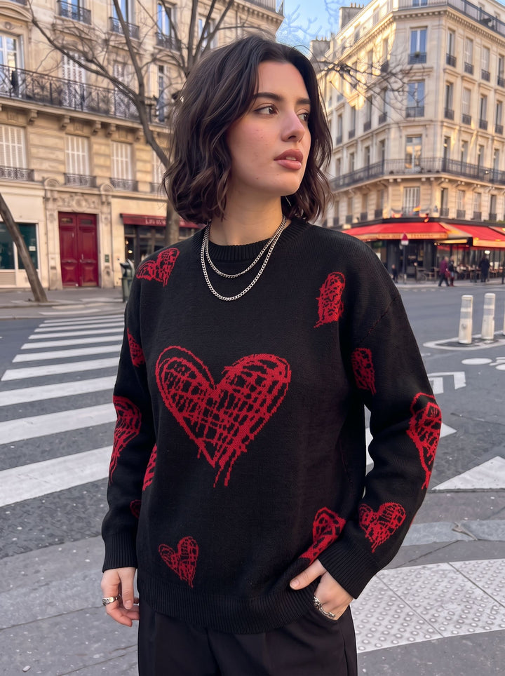 Graffiti Style Red Heart Print Relaxed Knit Pullover