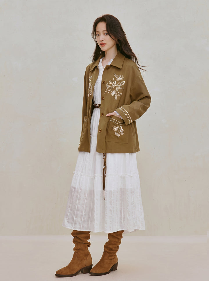 Floral Embroidered Cotton Utility Jacket