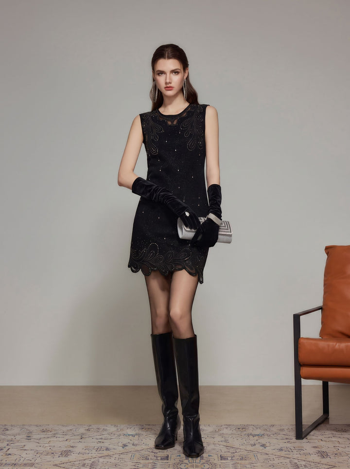 Embellished Black Sleeveless Mini Dress