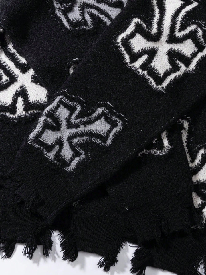 Distressed Gothic Cross Print Sweater