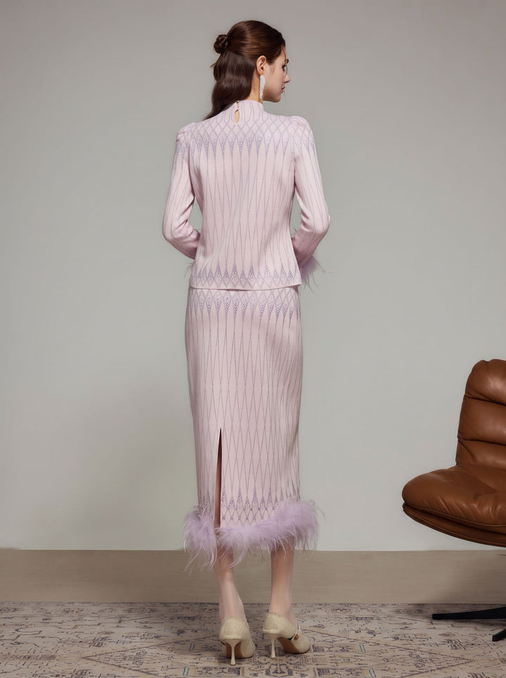 Feather Trim Glitter Knit Midi Skirt