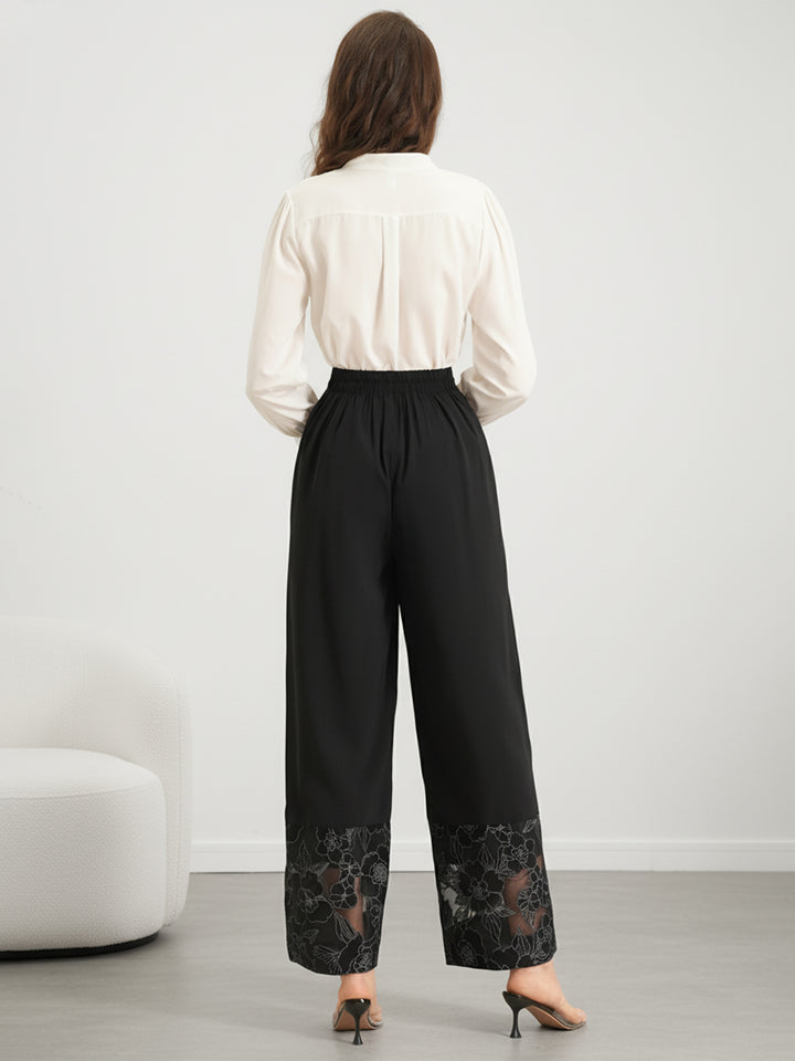 Lace-Hem High-Waisted Elegant Pants
