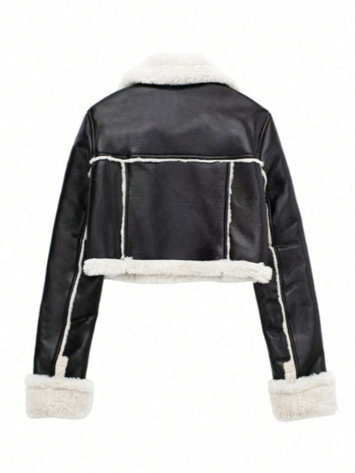 Faux Leather Sherpa Cropped Jacket