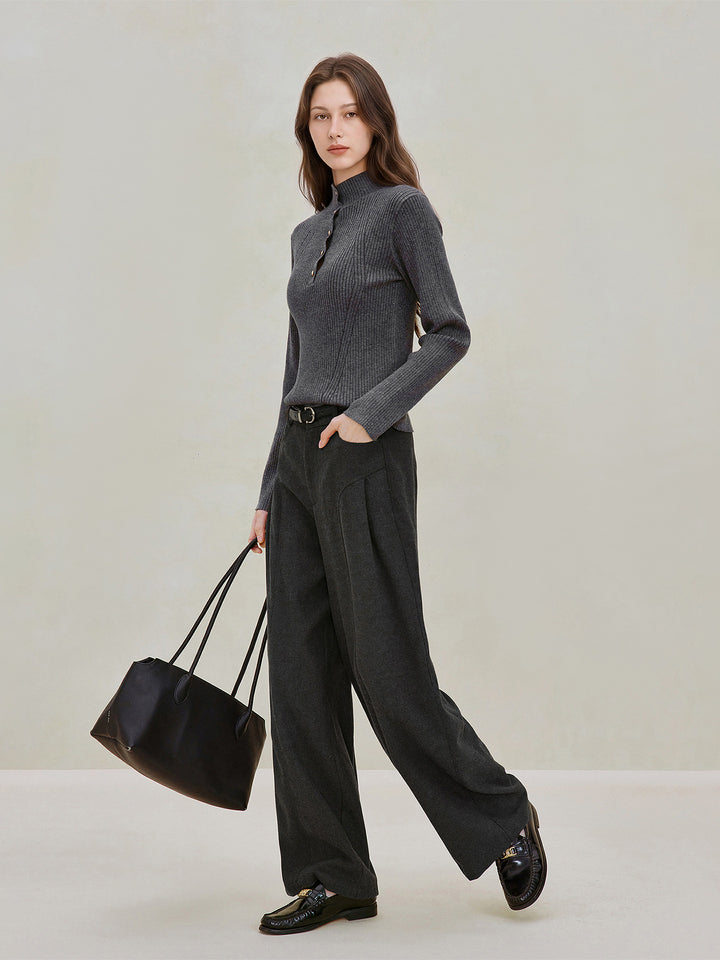 Button Mock Neck Ribbed Sweater