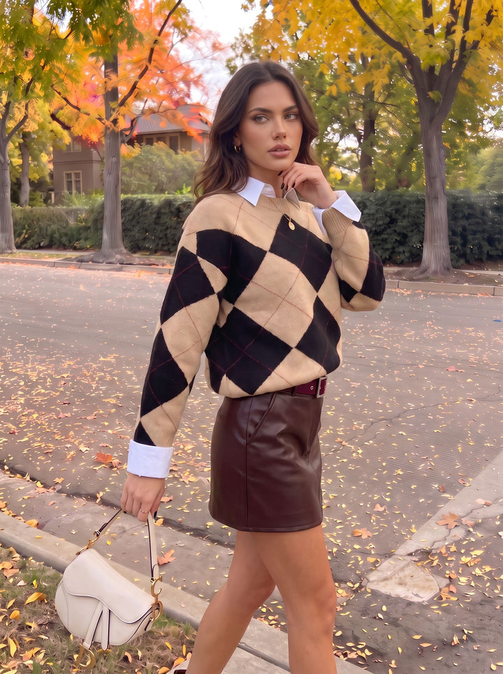 Oversized Argyle Pattern Crewneck Sweater