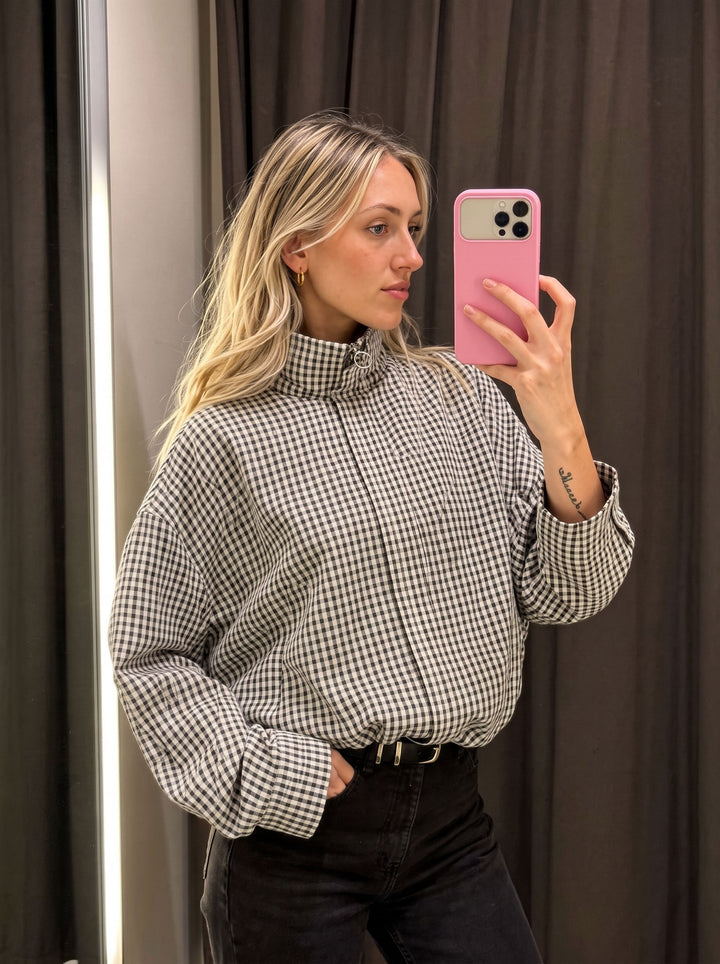 Oversized Gingham Stand Collar Casual Jacket