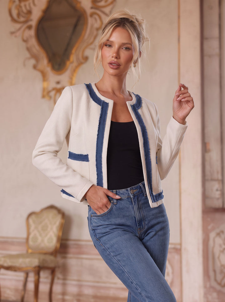 Frayed Trim Tweed Crop Jacket