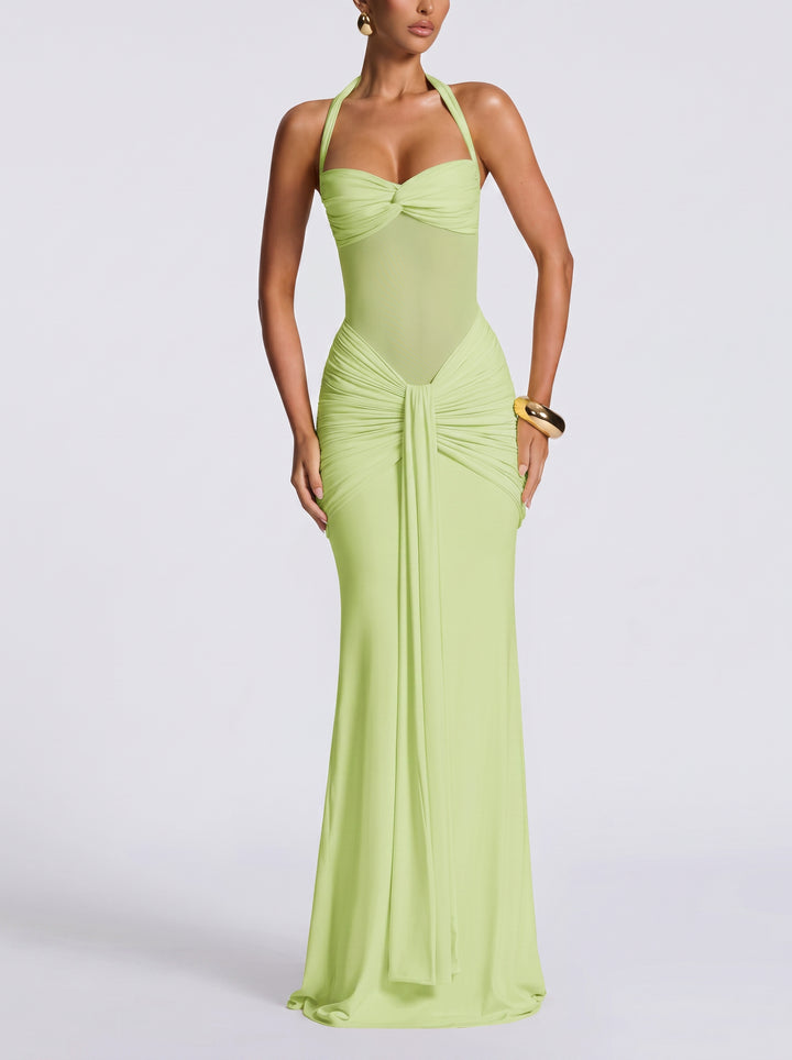 Sexy Halter Mesh Insert Maxi Dress