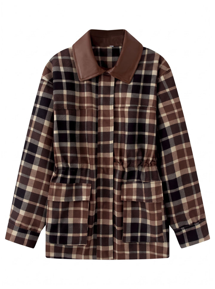 Plaid Faux Leather Collar Utility Jacket