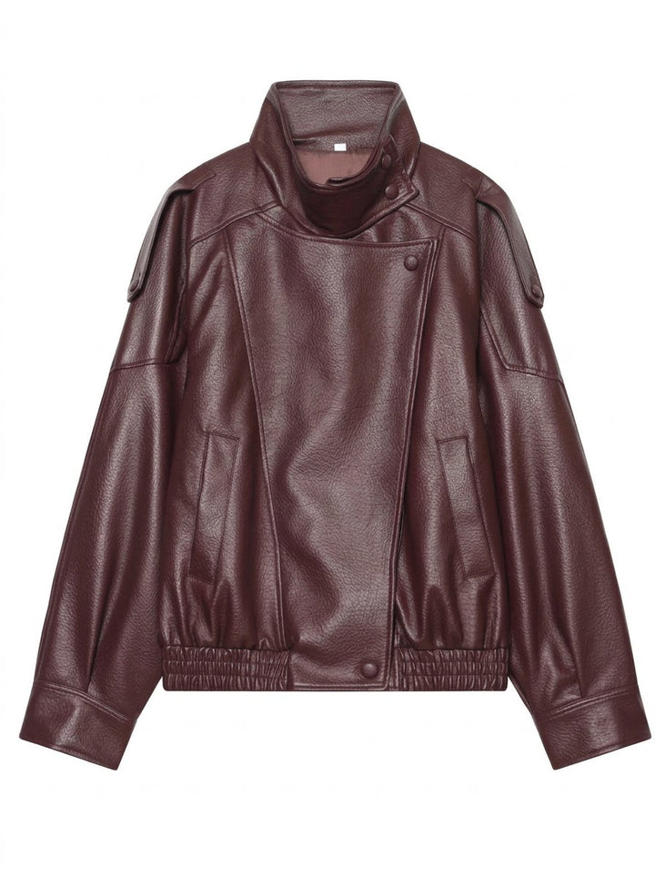 Oversized Brown Faux Leather Bomber Jacket