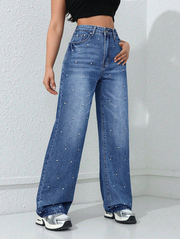 Rhinestone Embellished High Waisted Wide Leg Jeans