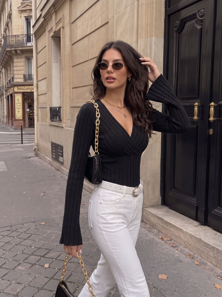 Ribbed V Neck Flared Sleeve Top
