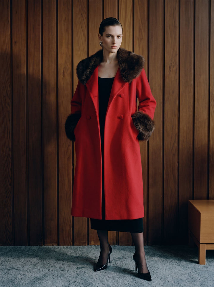 Faux Fur Trim Double Breasted Coat