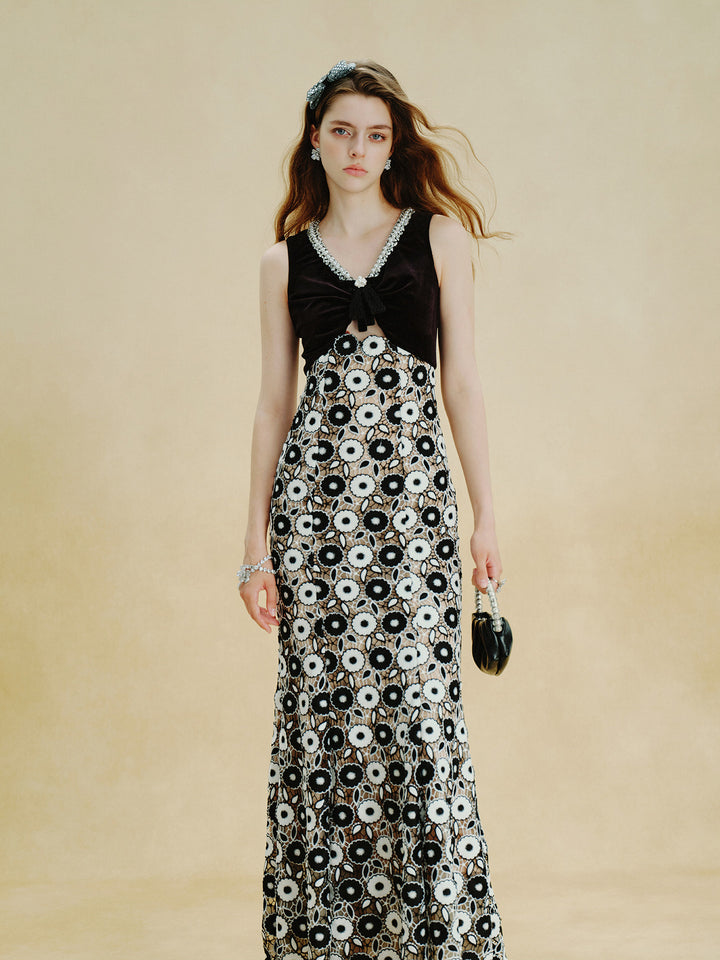 Embellished Velvet Floral Lace Maxi Dress
