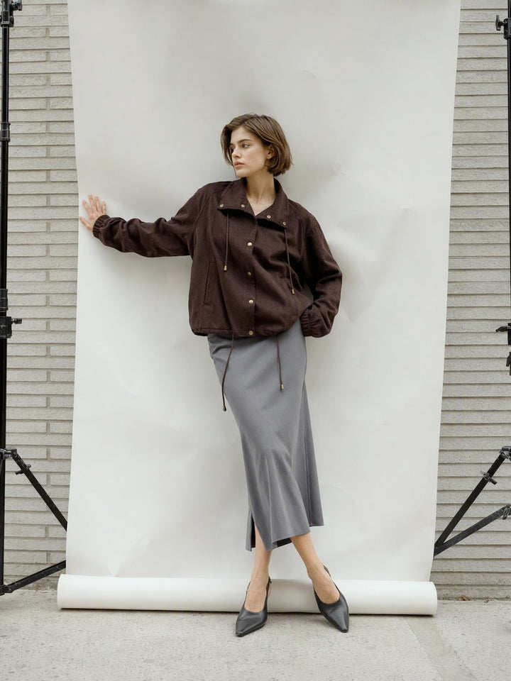 Brown Cropped Snap Button Jacket