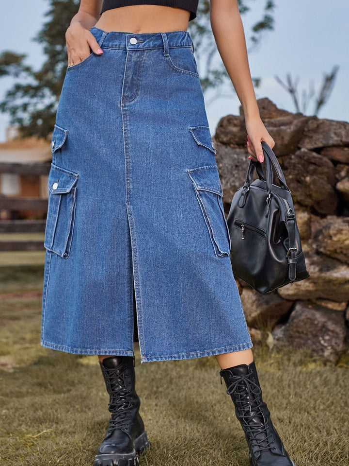 High Slit Cargo Denim Skirt