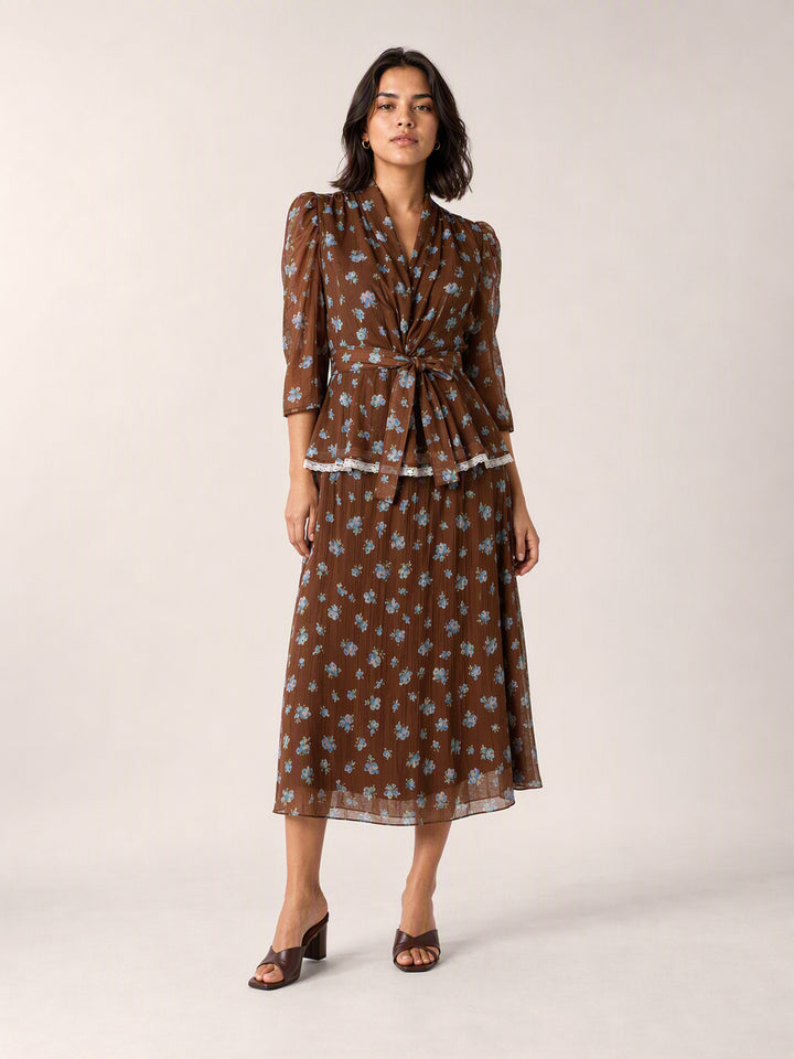 Floral Belted Puff Sleeve Skirt Set