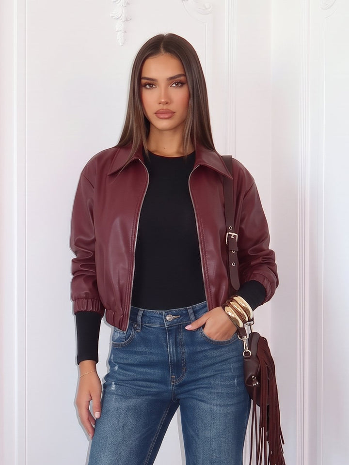 Burgundy Cropped Faux Leather Bomber Jacket
