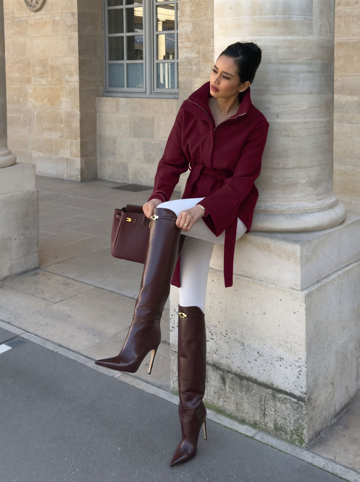 Stand Collar Belted Wool Coat