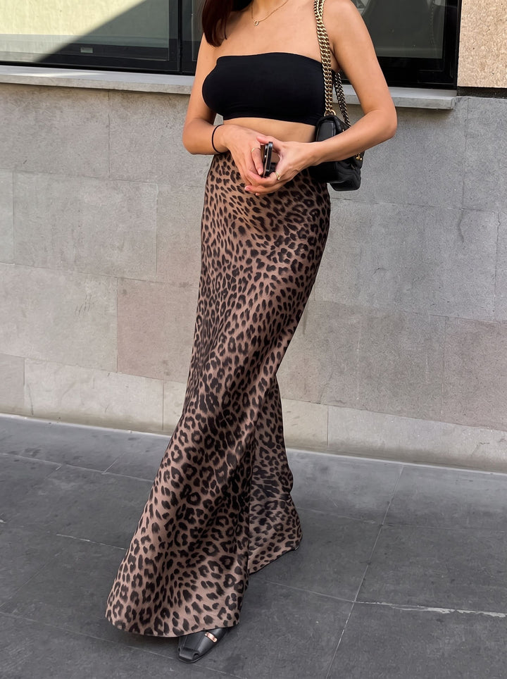Sleek Leopard Print Satin Maxi Skirt