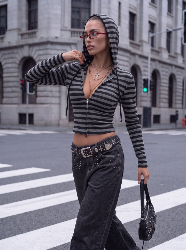 Cropped Striped Zip Up Hoodie