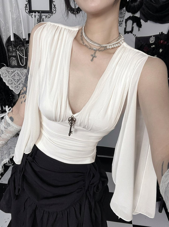 Elegant Draped Flutter Sleeve Chiffon Blouse