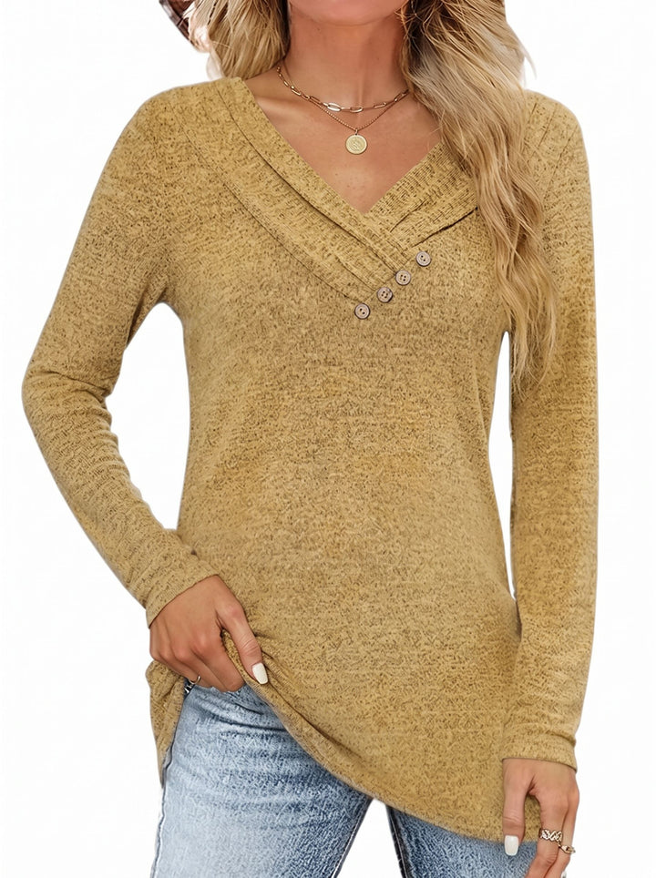 Button V Neck Soft Long Sleeve Tee