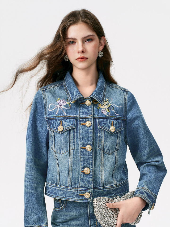 Embroidered Floral Gold Button Denim Jacket