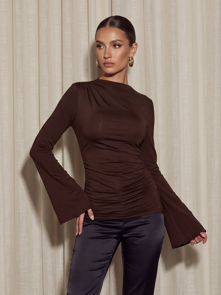 Ruched Bell Sleeve Mock Neck Tee