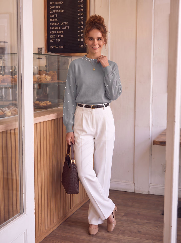 Embellished Pearl Knit Pullover Sweater